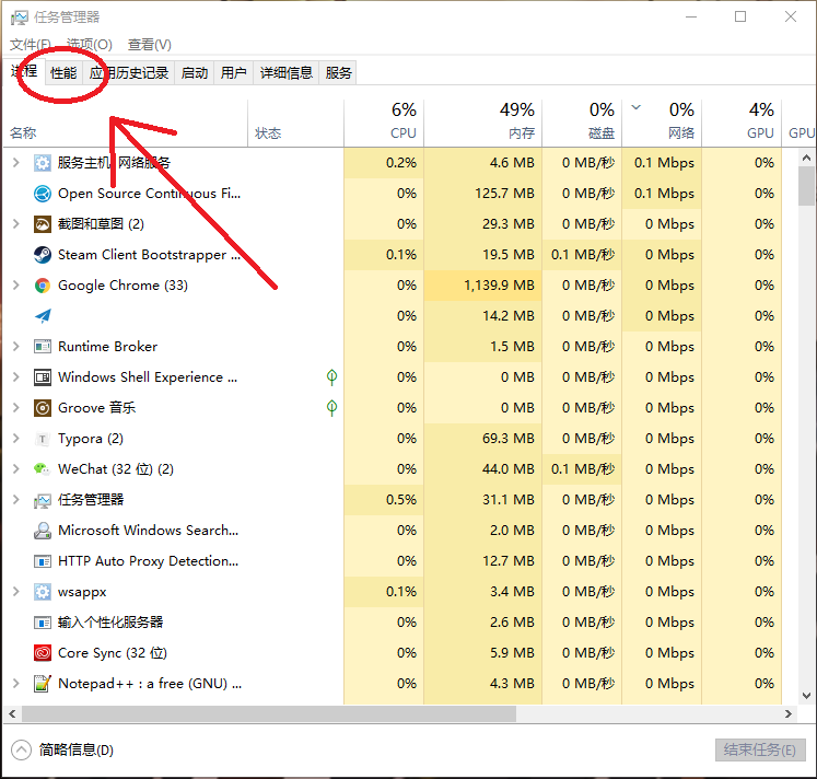 选择「性能」选项卡